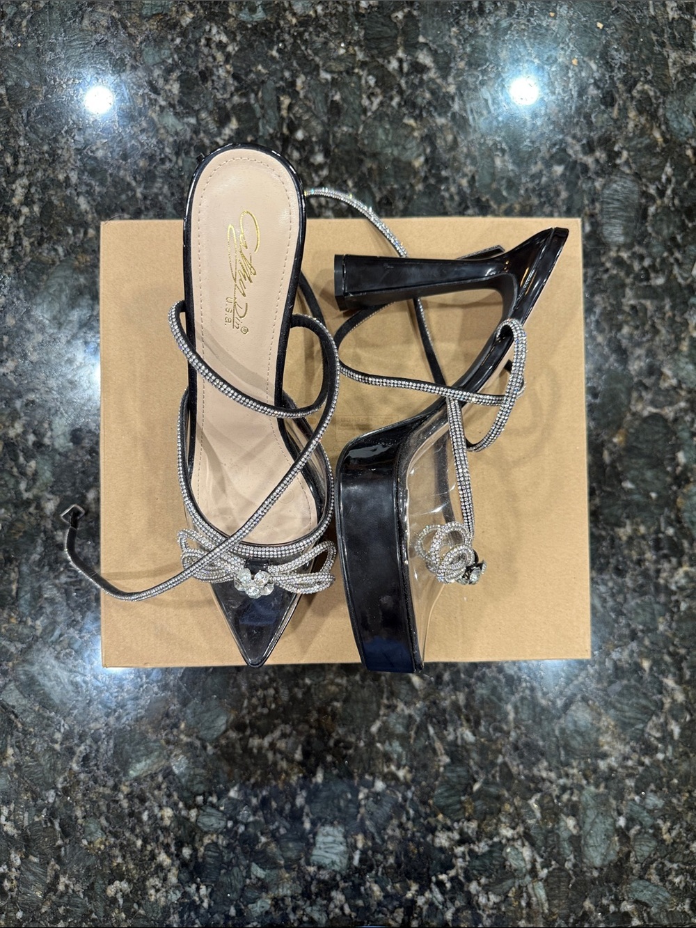 Black Rhinestone Lace-Up Platform Heels - Picture 3 of 4